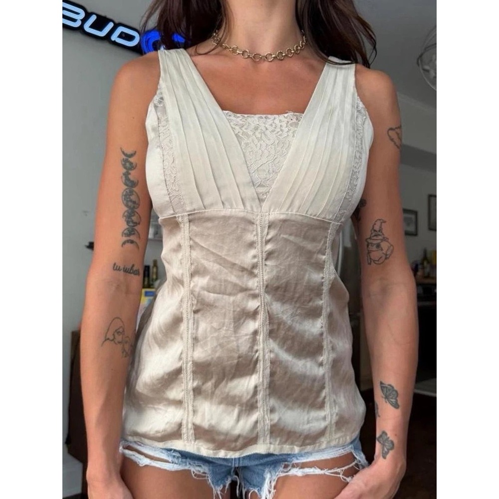 White House Black Market Silk Babydoll Tank Top Cream Lace Pleated Size 10